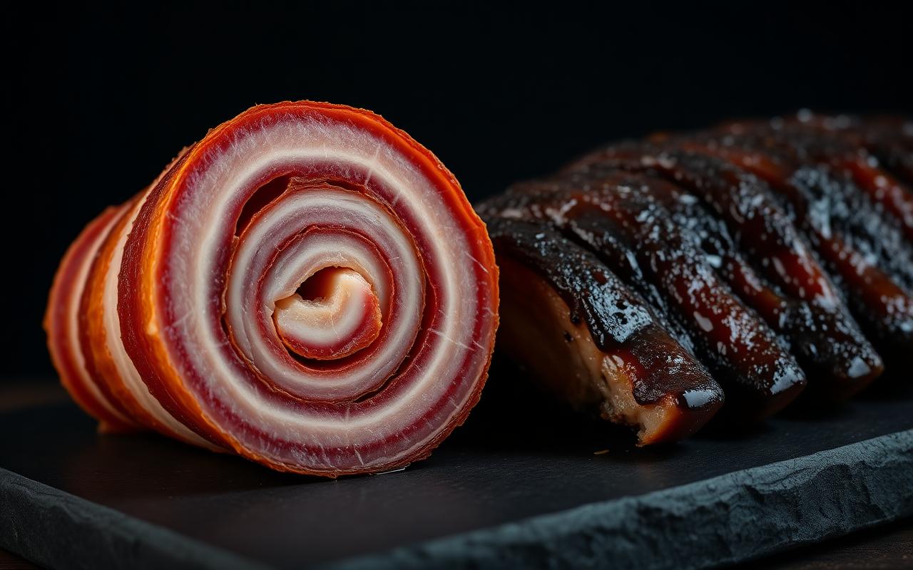 Panceta enrollada en espiral junto a costillas glaseadas brillantes